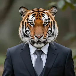 high quality portrait photo of an tiger dressed in a dark business suit and tie, Anthropomorphic, photography 4k, f1.8 bokeh, 4k, 85mm lens, sharp eyes