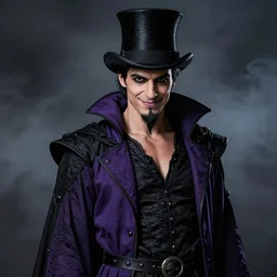 a portrait of mena massoud wearing purple and black ringmaster attire, nefarious smirk, slender body type, young adult in his early 3 0 s, black hair, medieval, black top hat, pencilthin goatee, warlock, smokey background, style by donato giancola, wayne reynolds, jeff easley dramatic light, high detail, cinematic lighting, artstation, dungeons and dragons