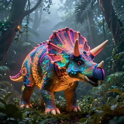 neon glowing triceratops in a foggy jungle by magali villeneuve and greg rutkowski