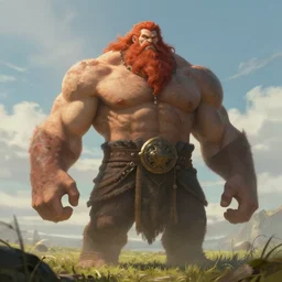 a highly detailed portrait of a epic massive fantasy muscular giant with red hair and beard standing ominously in a field concept art