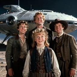 extremely sharply detailed, scan from blockbuster 9 6 0 k sci fi color movie freeze frame, set 1 8 6 0, family standing in front of crashed spaceship, on alien planet, looking happy, wearing 1 8 5 0 s era clothes, atmospheric lighting, in focus, reflective eyes, 9 9 9 9 9 mm macro lens, live action, nice composition and photography, clear faces