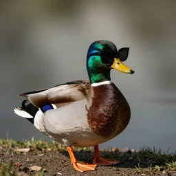 a colorful mallard duck wearing wide sleek european sunglasses by patrick nagel, muted 8 0's palette