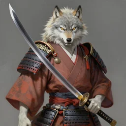masterpiece painting of a Kimono wearing Japanese Armored Werewolf, angry wolf face, with a large Katana, light grey fur, featured in artstation, concept art by Greg Rutkowski, WLOP, Dan Mumford, Christophe Vacher