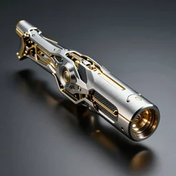 intricate futuristic weapon made of brushed metal, chrome and carbon, gold linings