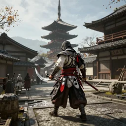 Ingame Screenshot of Assassins' Creed 6: Tokyo Shinobi, for ps5, Highly Detailed, Feudal era Japan, Tokyo, Ghost of Tsushima and Sekiro as references, Wielding Kunai, Unreal engine 5, HD, Ultra Graphic settings, 8k, GTX 3090, 🔥 😎 🕹️ 👀