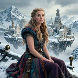 movie portrait closeup a beautiful colorful fashion icon viking woman is sitting on the top of a roof. beautiful natural skin, the amazing floating neoclassical snow covered city in the mountains, fantasy, steampunk, intricate, amazing composition, gloomy by emmanuel lubezki