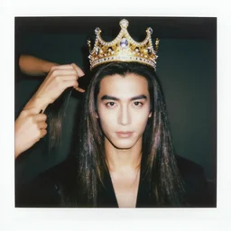 handsome hamburger - man with shiny and silky long hair getting hair styled with danny devito wearing a golden crown studded with sparkling diamonds, polaroid