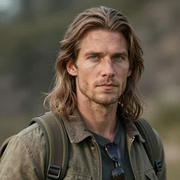 a handsome man wearing a travel outfit by olivia malone, long hair, amazingly detailed, fantastic detailed eyes, aged 2 5, swedish, photo realistic, photograph, 3 5 mm, octane render, trending on artstation