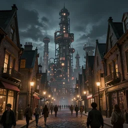 a highly detailed matte painting of a victorian industrial street filled with people at night and a monolithic dieselpunk tower on the horizon, by artgerm, by wlop, by greg rutkowski, volumetric lighting, octane render, 4 k resolution, trending on artstation, masterpiece