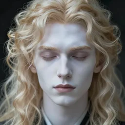 out of focus photorealistic portrait of a beautiful pale young man by sarah moon, johan liebert mixed with alucard, center parted bangs fringe, angular face, long curly blond hair, very blurry, translucent white skin, closed eyes, foggy, closeup