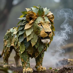 thick smoke, macro long depth of field shot of a realistic lion made of leaves, headdress, wide aperture, dramatic light, dystopian environment, intricate, highly detailed, artstation, sharp focus, artgerm