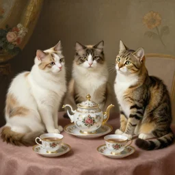 3 cats ( two calico and one tabby ) enjoying fancy english tea together, painting by rembrandt
