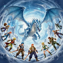 Frost Dragon, Monster Hunter Illustrations art book, Moebius, Greg Rutkowski, Zabrocki, Karlkka, Jayison Devadas, Phuoc Quan, trending on Artstation, 8K, ultra wide angle, zenith view, pincushion lens effect.