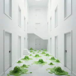 a flood of slime in a bright white hallway with many doors and many stairs, Mc Escher architecture, epic composition, by Junji Ito