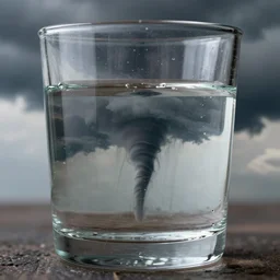 large glass half filled with water, on the surface a storm rages with tornado in the water and clouds in the glass