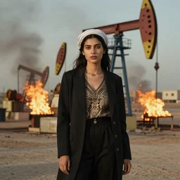 portrait photograph fashion editorial in Kuwait oil fields fire. 1991. highly detailed. depth of field. high definition. 8k. photography.