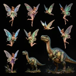 sprites, fairies, and dinosaurs. pulp science fiction. fantasy art. dark background