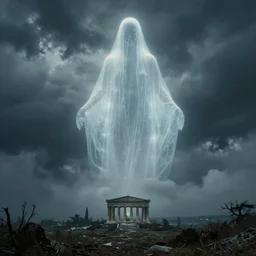 eerie, greek fantasy landscape, a giant translucent shining ghost in the stormy clouds, stanley kubrick movie frame