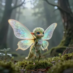 dartmoor forest, cute female moth winged sprite creature, near camera, cinematic, bloom, cinematography, fog, magical