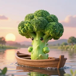 a cute and friendly broccoli - creature with beautiful eyes on a boat on the river, a beautiful sunset scene, fantasy style, 4 k, octan render, ultrarealistic