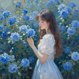 a beautiful painting of blue roses garden, girl, by greg rutkowski, trending on artstation