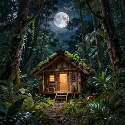 a very tiny!! rustic wooden hut with the light on, in the center of rainforest, waning moon night, highly detailed, digital painting, trending on artstation, concept art, smooth, sharp focus, illustration, art by greg rutkowski
