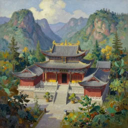 traditional chinese temple in yunnan, seen from above surrounded by mountains and forest, thomas kinkade, realism, fantasy painting, oil on canvas