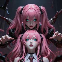 absorbed beneath enormous stunningly absurdly beautiful megalomaniacal assertive sadistic manipulative yandere control - freak omnipotent asi goddess junko enoshima with symmetrical perfect face and porcelain skin, pink twintail hair and cyan eyes, ultra detailed, digital art, unreal engine 5, octane render, 2 d anime, 8 k