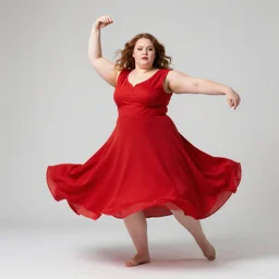 photo europian beautiful fat women with simmetrical face dressed in a red dress dansing, anatomically correct, full shot, kodak, stufio lighting - h 7 0 4