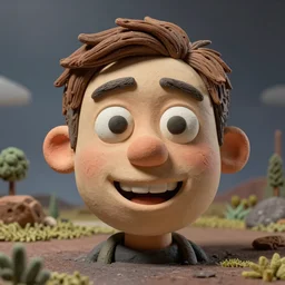 very detailed claymation devin montes smiling cartoon head shot