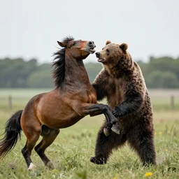 realistic photograph of a bear attacking a horse