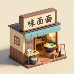 outside view of miniature very old ramen shop, studio gibli, hayao miyazaki, clean, low poly art, very detailed, isometric view, trending on artstation, trending on behance low poly, best low poly 3 d pinterest, global illumination,
