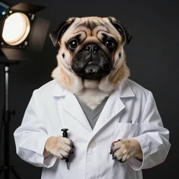 portrait of a pug as a mad scientist, dark background, studio light, hdr, nikon 2 4 mm f / 1. 8 g, by sebastiao salgado