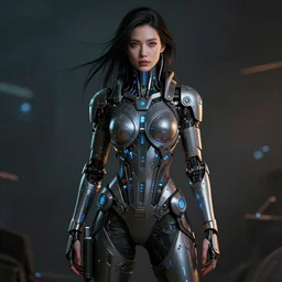 realistic detailed portrait of Cyberpunk woman, portrait, long dark hair, cyber implants, Cyberpunk, Sci-Fi, science fantasy, glowing skin, full body, beautiful girl, extremely detailed, sharp focus, model
