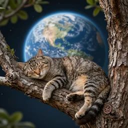 Cat sleeping in a tree Ringed planet background