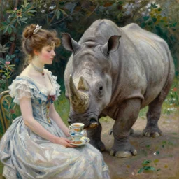 an oil painting by renoir of a rhinoceros having a cup of  tea on the patio with an elegant lady