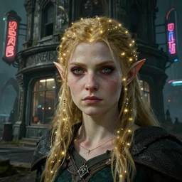 an ultra realistic, cinematic, fantasy, headshot portrait, of an elden ring elf, fairy lights, facial features, stood outside an abandoned corner store, with futuristic buildings and neon signs, detailed, deep focus, movie still, dramatic lighting, ray tracing, by michal karcz and yoshitaka amano