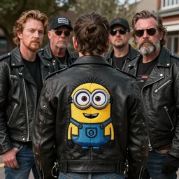 a group photo of a gritty biker gang wearing leather jackets with cute minions embroidered, detailed photo