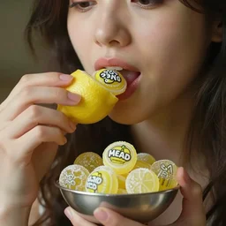 a human lemon eating the lemonhead candy and lemon flavored gushers in a small silver bowl