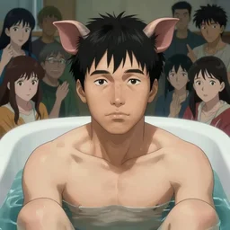 a hog man sitting in the tub, | very very anime!!!, fine - face, audrey plaza, realistic shaded perfect face, fine details. anime. very strong realistic shaded lighting poster by ilya kuvshinov katsuhiro otomo ghost, magali villeneuve, artgerm, jeremy lipkin and michael garmash and rob rey