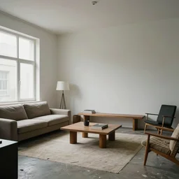 an well - worn lived in room with furniture in the style of brutalist architecture in the style of minimalism architecture trending on artstation deviantart pinterest detailed realistic hd 8 k high resolution