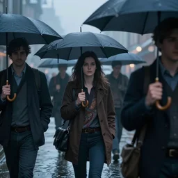 a cinematic extreme close - up of ( ( ( people holding umbrella walking in the street ) ) ), misty evening, fantasy art, highly detailed matte painting, telephoto lens 2 0 0 mm, by stanley artgerm lau, greg rutkowski, thomas kinkade, alphonse mucha, loish, norman rockwell, artstation