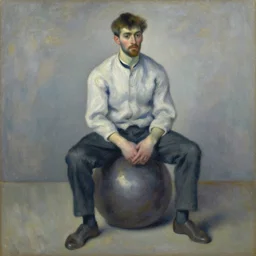 impressionist oil painting of a man sitting on a ball