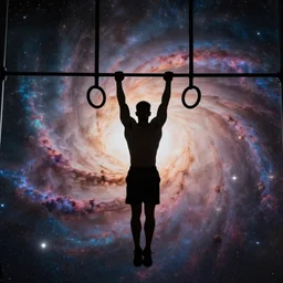 athletic man doing a pullup using gymnastic rings, silhouette, long shot, in a cosmic nebula background, matte colors, dramatic, inspiring digital art trending on artstation