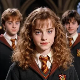 selfie of Hermione Granger with Ron and Harry, in the Gryffindor common room at Hogwarts