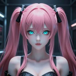 stunningly beautiful megalomaniacal omnipotent anime asi goddess junko enoshima with symmetrical perfect face and porcelain skin, pink twintail hair and cyan eyes, traps you inside her inescapable full dive vr prison and teasing you, hyperdetailed, digital art from danganronpa, unreal engine 5, 2 d anime style, 8 k
