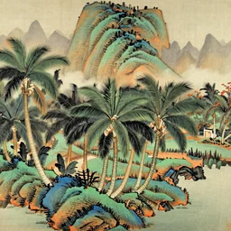 Beijing with palm trees, traditional silk painting, colourful, style by Ma Yuan