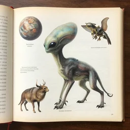 a book detailing the biology of alien animals from a different planet, aged look