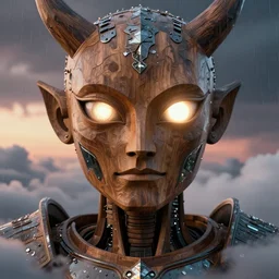 symmetry! closeup biblical diabolical beautiful wooden cyborg! stylish armor, heavy eyes to the side, closeup, bright glowing eyes, in clouds, rain, sunset, portrait, by gerald brom, by mikhail vrubel, by peter elson, muted colors, extreme detail, mirrors, trending on artstation, 8 k