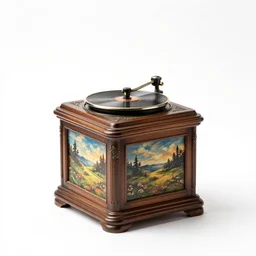 vintage music box, commercial catalog photo, isolated on a pure white background, centered, entire object in frame, sharp focus, soft studio lighting